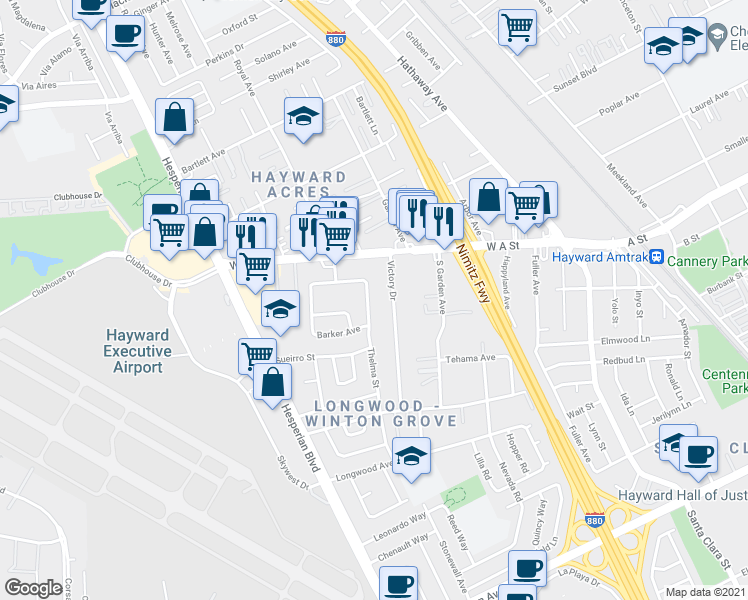 map of restaurants, bars, coffee shops, grocery stores, and more near 21803 Thelma Street in Hayward
