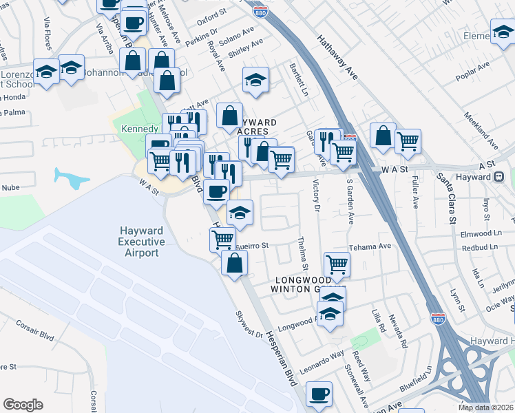 map of restaurants, bars, coffee shops, grocery stores, and more near 820 West A Street in Hayward