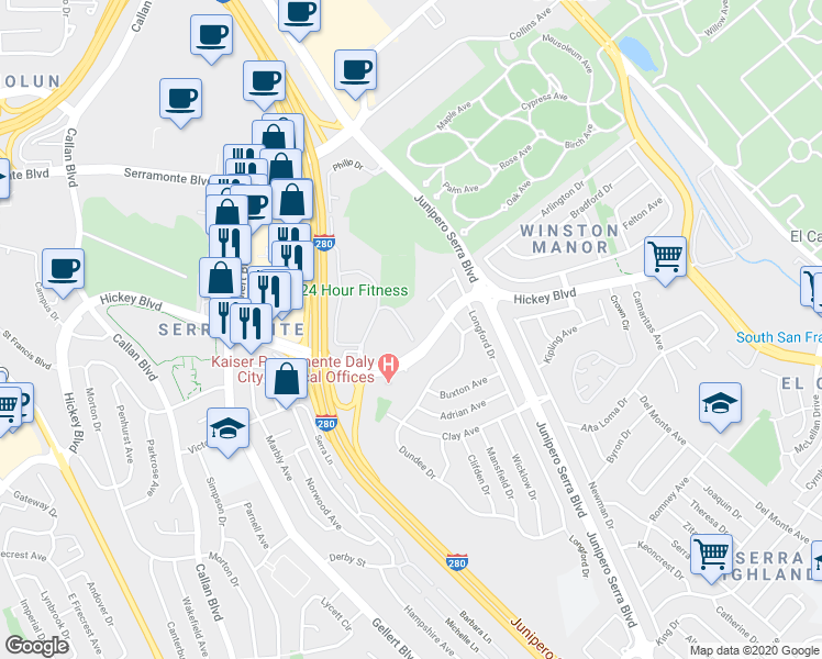map of restaurants, bars, coffee shops, grocery stores, and more near 375 Mandarin Drive in Daly City