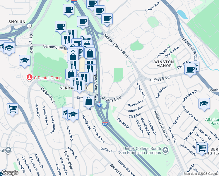 map of restaurants, bars, coffee shops, grocery stores, and more near 373 Half Moon Lane in Daly City