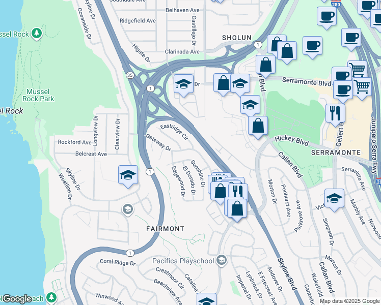 map of restaurants, bars, coffee shops, grocery stores, and more near 202 Eastridge Circle in Pacifica