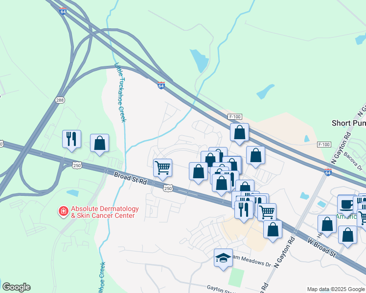 map of restaurants, bars, coffee shops, grocery stores, and more near 4359 Saunders Station Lane in Henrico