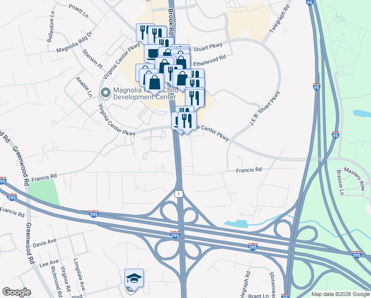 map of restaurants, bars, coffee shops, grocery stores, and more near 9701 Brook Road in Glen Allen
