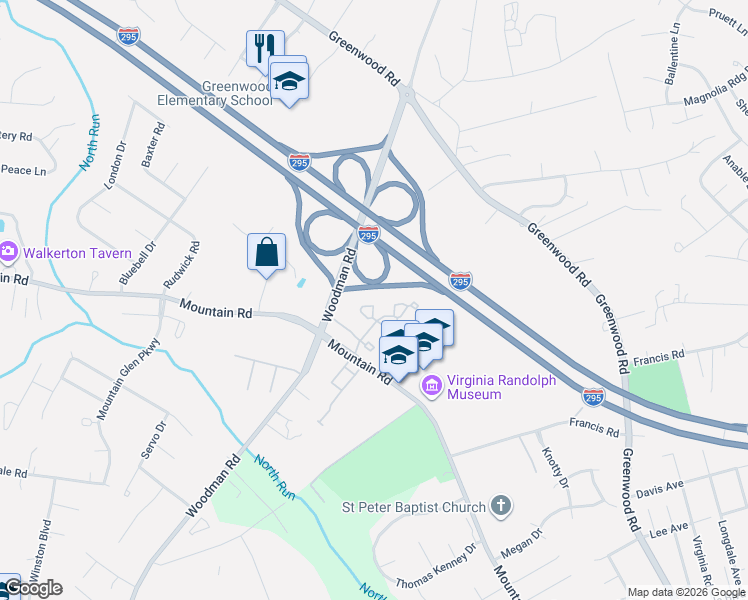 map of restaurants, bars, coffee shops, grocery stores, and more near 2539 Mountain Ash Circle in Glen Allen