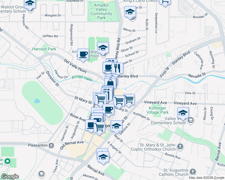map of restaurants, bars, coffee shops, grocery stores, and more near 830 Main Street in Pleasanton