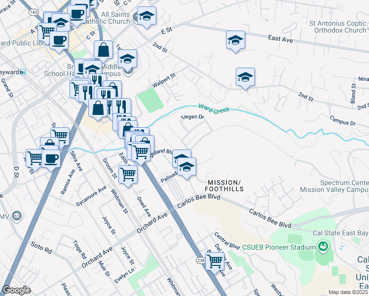 map of restaurants, bars, coffee shops, grocery stores, and more near 24575 Marie Drive in Hayward