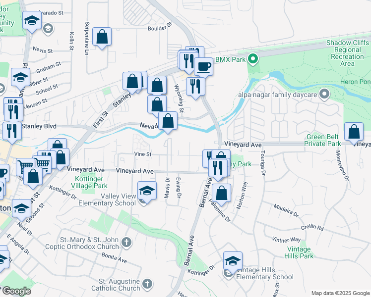 map of restaurants, bars, coffee shops, grocery stores, and more near 373 Linden Way in Pleasanton