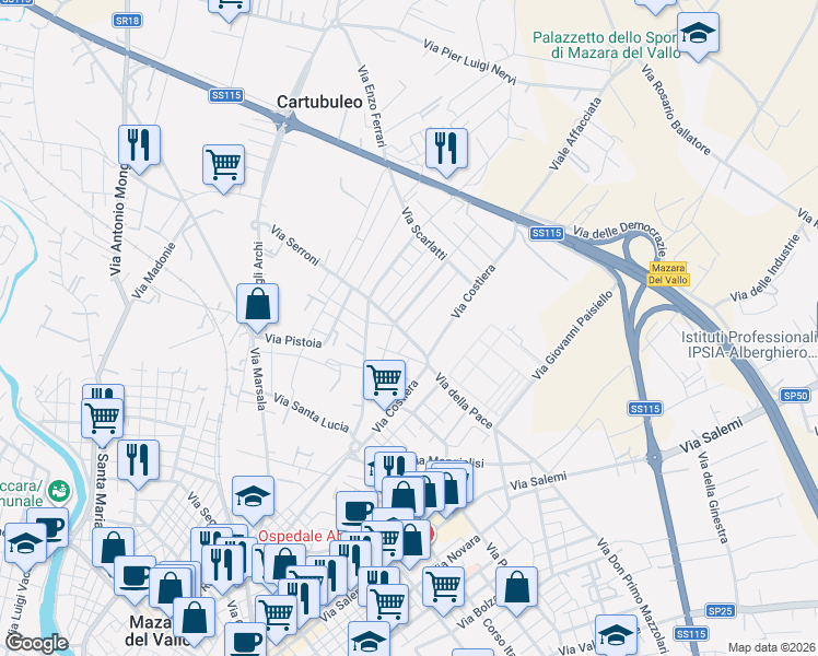 map of restaurants, bars, coffee shops, grocery stores, and more near 6 Via Johannes Brahms in Mazara del Vallo