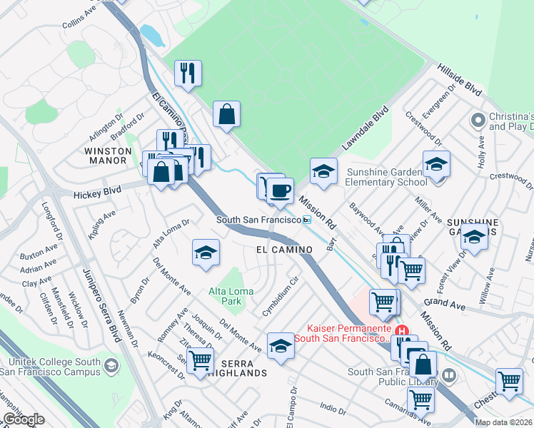 map of restaurants, bars, coffee shops, grocery stores, and more near 101 McLellan Drive in South San Francisco