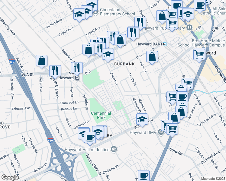 map of restaurants, bars, coffee shops, grocery stores, and more near 500 Lapin Place in Hayward