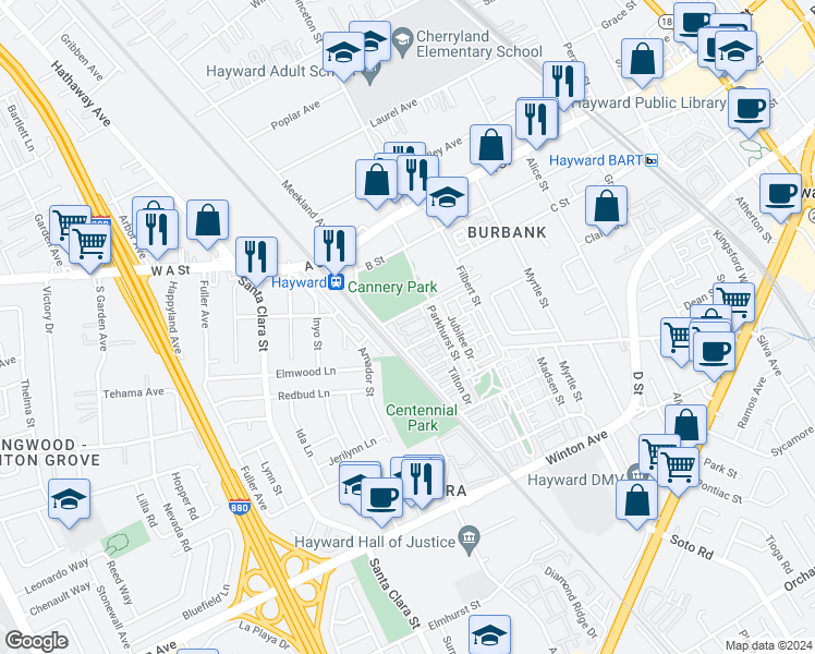map of restaurants, bars, coffee shops, grocery stores, and more near 107 Burbank Street in Hayward