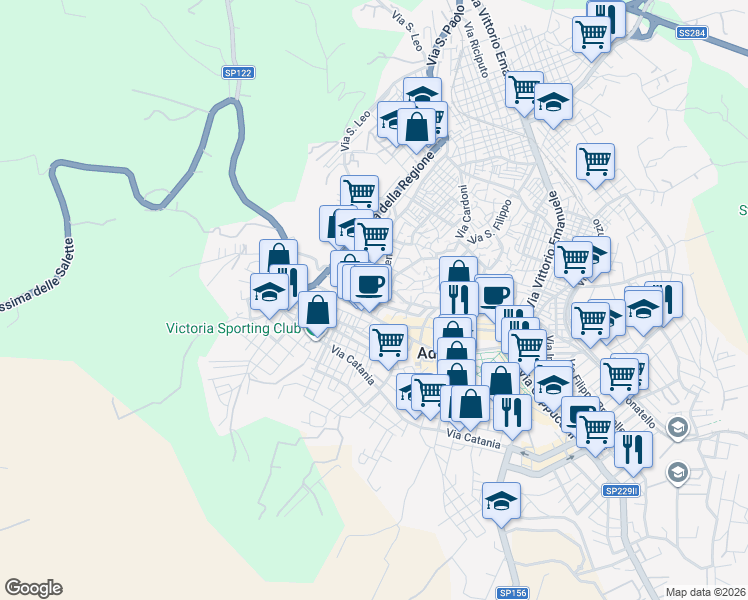map of restaurants, bars, coffee shops, grocery stores, and more near 4 Via Catena in Adrano