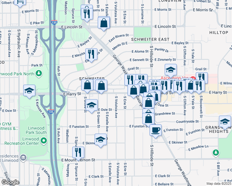 map of restaurants, bars, coffee shops, grocery stores, and more near East Harry Street & South Volutsia Street in Wichita