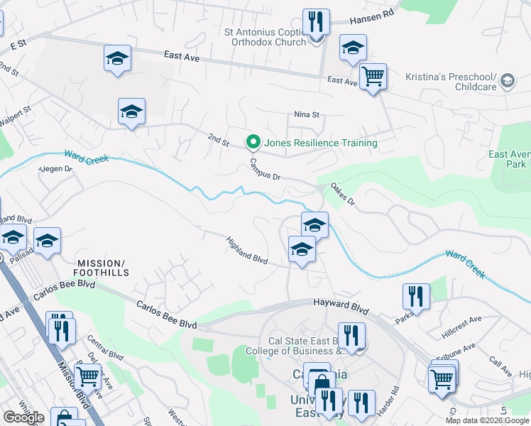 map of restaurants, bars, coffee shops, grocery stores, and more near 25265 Morse Court in Hayward