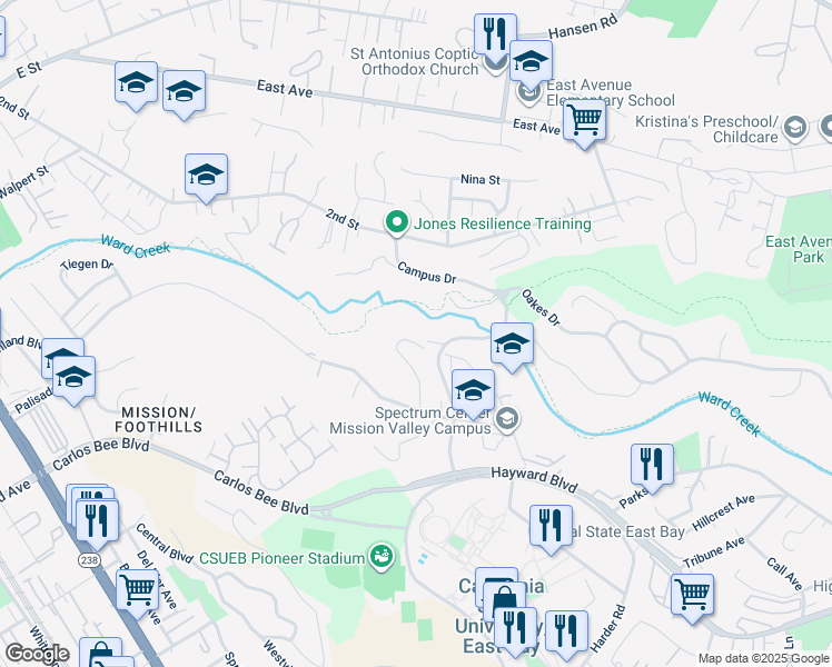 map of restaurants, bars, coffee shops, grocery stores, and more near 25265 Morse Court in Hayward
