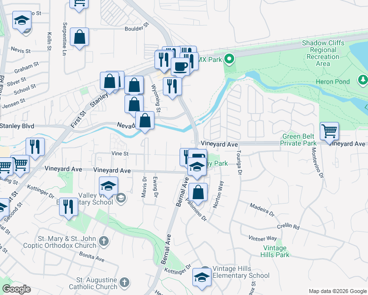map of restaurants, bars, coffee shops, grocery stores, and more near 366 Virginia Way in Pleasanton