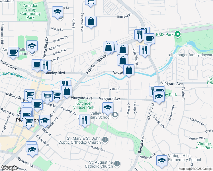 map of restaurants, bars, coffee shops, grocery stores, and more near 3845 Vine Street in Pleasanton