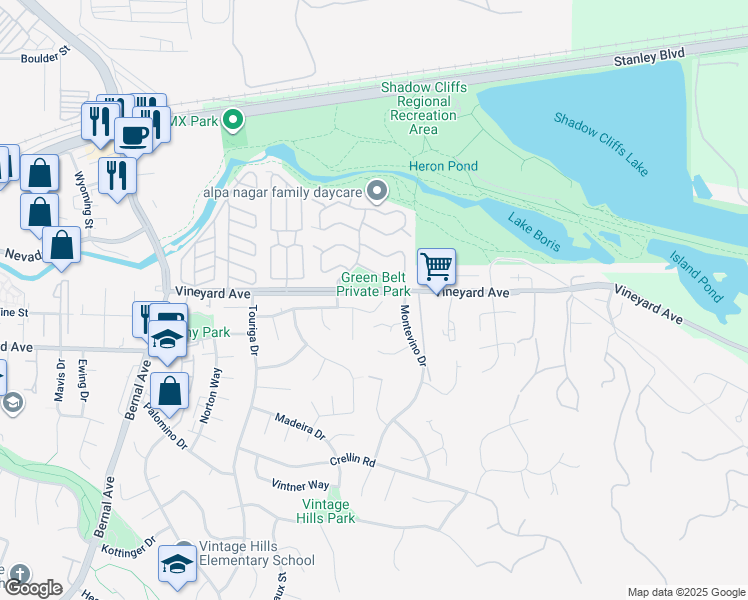 map of restaurants, bars, coffee shops, grocery stores, and more near 2947 Chardonnay Drive in Pleasanton