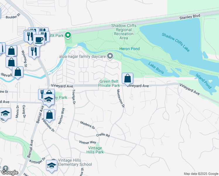 map of restaurants, bars, coffee shops, grocery stores, and more near 2947 Chardonnay Drive in Pleasanton