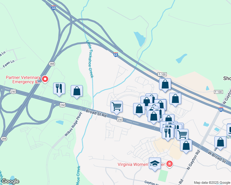 map of restaurants, bars, coffee shops, grocery stores, and more near 4303 Broad Hill Drive in Henrico