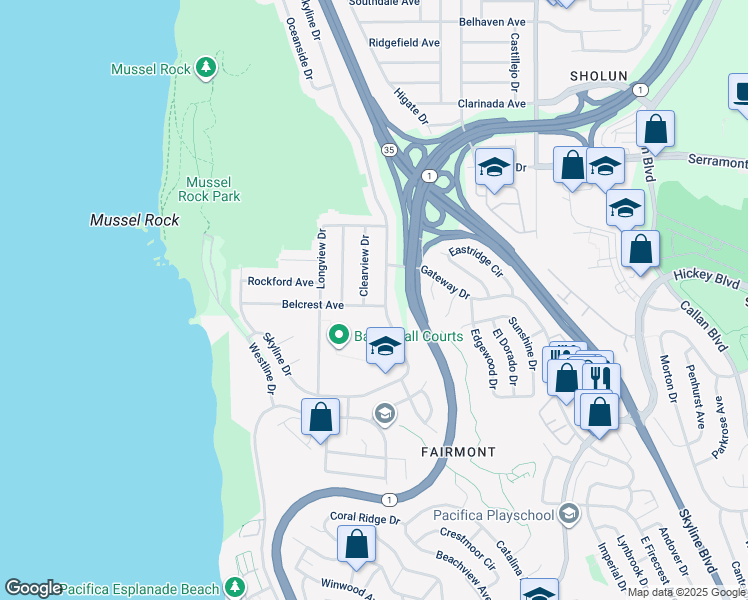 map of restaurants, bars, coffee shops, grocery stores, and more near 10 Belcrest Ave in Daly City