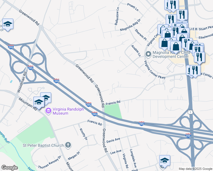 map of restaurants, bars, coffee shops, grocery stores, and more near 10612 West Broad Street in Glen Allen