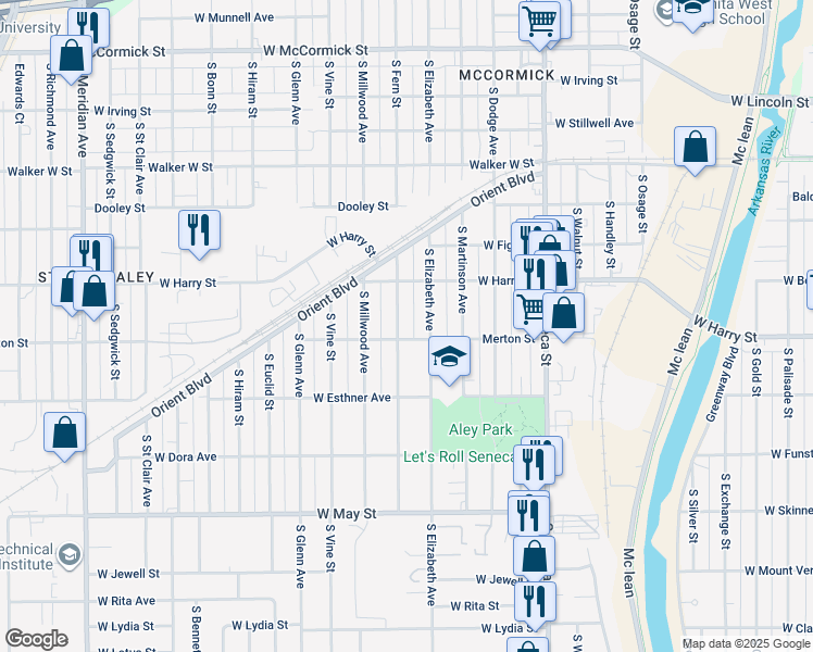 map of restaurants, bars, coffee shops, grocery stores, and more near 1646 South Fern Street in Wichita