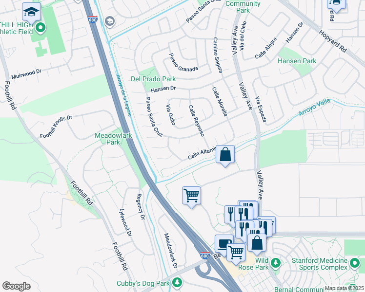 map of restaurants, bars, coffee shops, grocery stores, and more near 2727 Corte Ponderosa in Pleasanton
