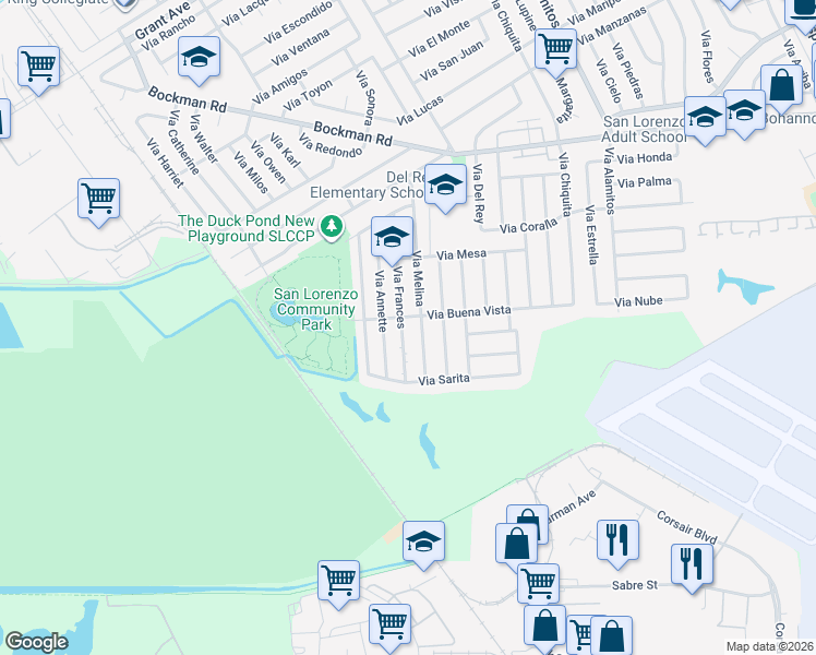 map of restaurants, bars, coffee shops, grocery stores, and more near 1827 Via Buena Vista in San Lorenzo