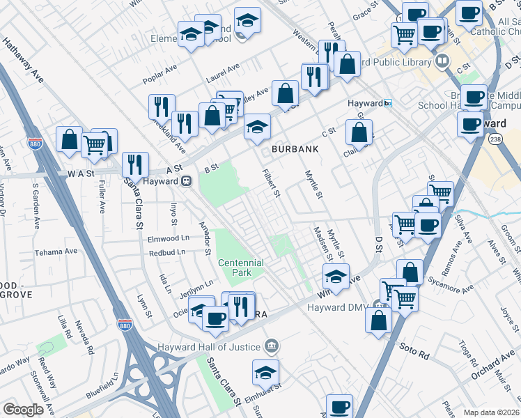 map of restaurants, bars, coffee shops, grocery stores, and more near 2050 Jubilee Drive in Hayward