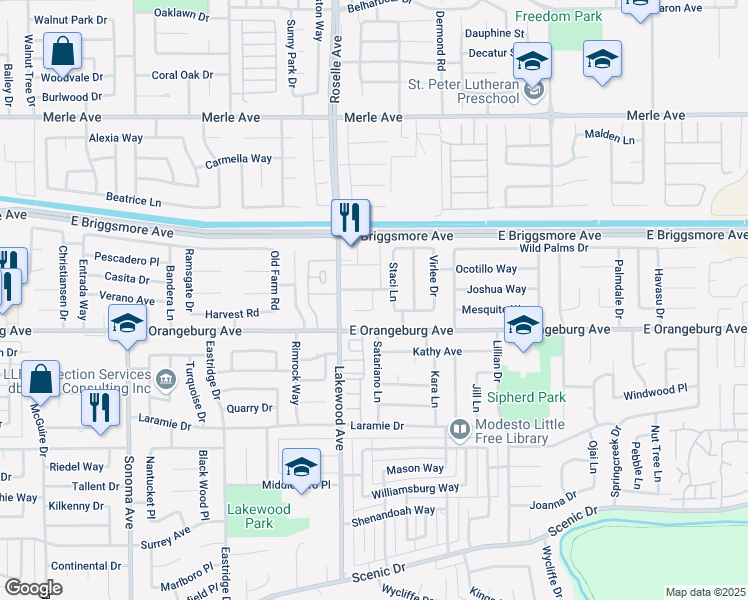 map of restaurants, bars, coffee shops, grocery stores, and more near 3101 Mulholland Drive in Modesto