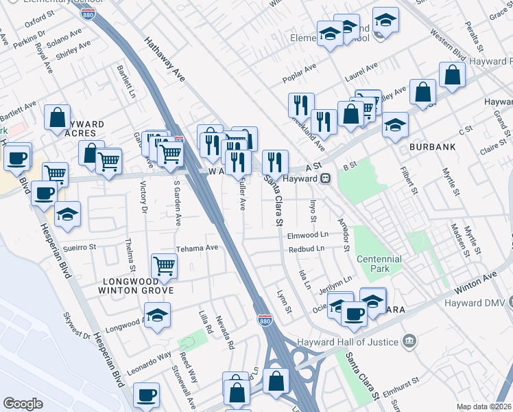 map of restaurants, bars, coffee shops, grocery stores, and more near 341 El Dorado Avenue in Hayward