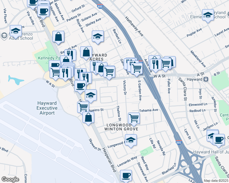 map of restaurants, bars, coffee shops, grocery stores, and more near 21803 Thelma Street in Hayward
