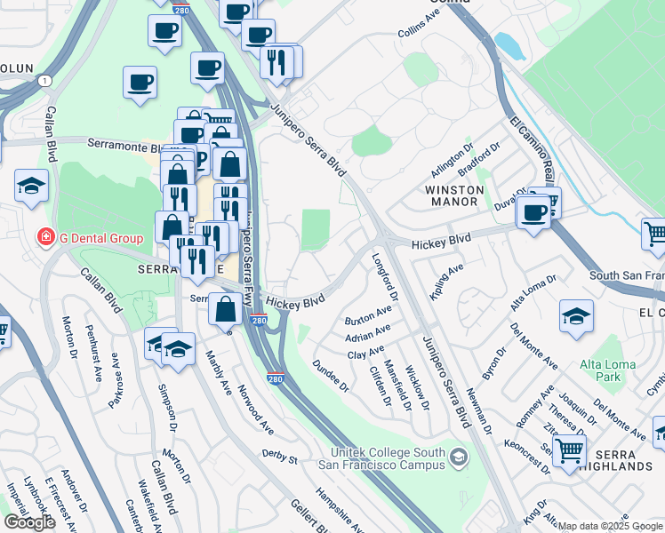 map of restaurants, bars, coffee shops, grocery stores, and more near 375 Mandarin Drive in Daly City
