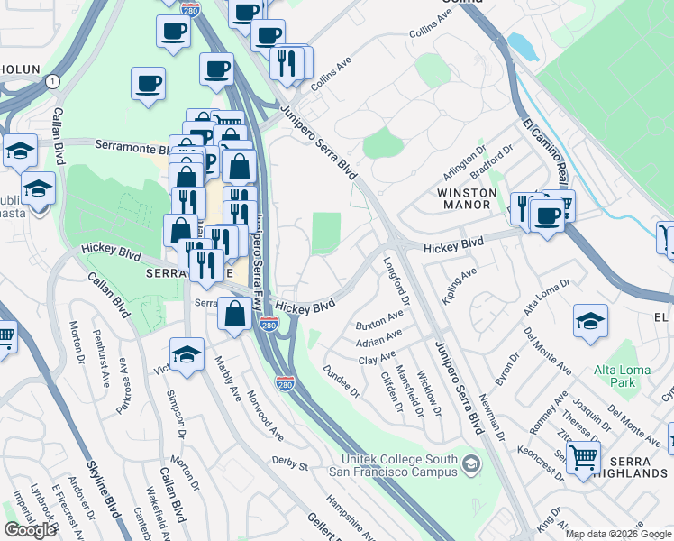 map of restaurants, bars, coffee shops, grocery stores, and more near 375 Mandarin Drive in Daly City