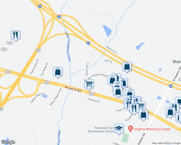 map of restaurants, bars, coffee shops, grocery stores, and more near 4303 Broad Hill Drive in Henrico