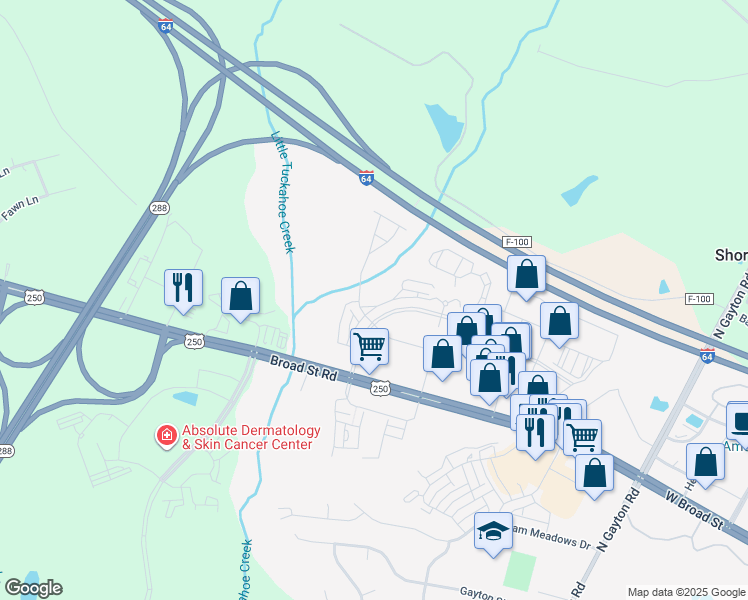 map of restaurants, bars, coffee shops, grocery stores, and more near 4303 Broad Hill Drive in Henrico