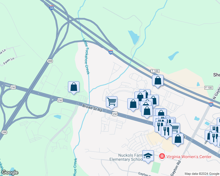 map of restaurants, bars, coffee shops, grocery stores, and more near 4303 Broad Hill Drive in Henrico