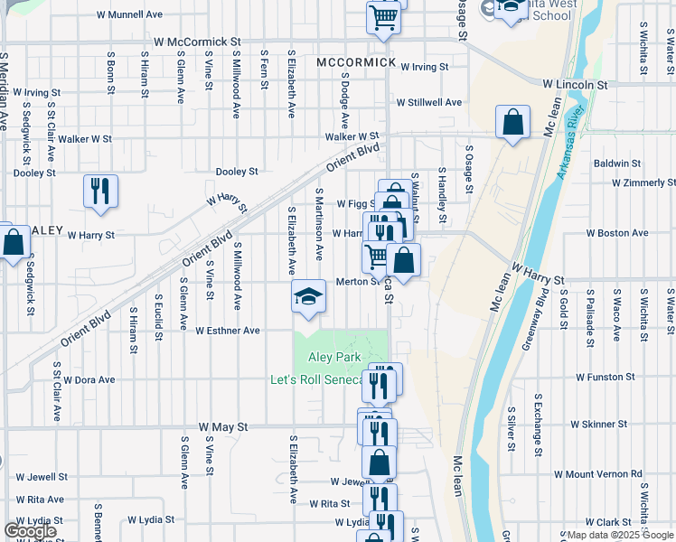 map of restaurants, bars, coffee shops, grocery stores, and more near 1632 South Dodge Avenue in Wichita