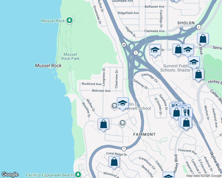 map of restaurants, bars, coffee shops, grocery stores, and more near 99 Montebello Drive in Daly City