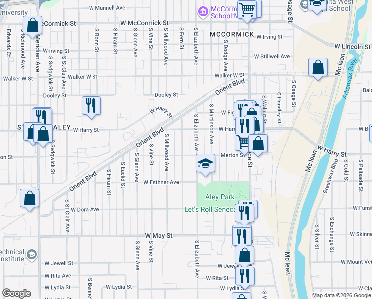 map of restaurants, bars, coffee shops, grocery stores, and more near 1631 South Fern Street in Wichita