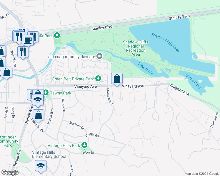 map of restaurants, bars, coffee shops, grocery stores, and more near 2762 Vista Diablo Court in Pleasanton