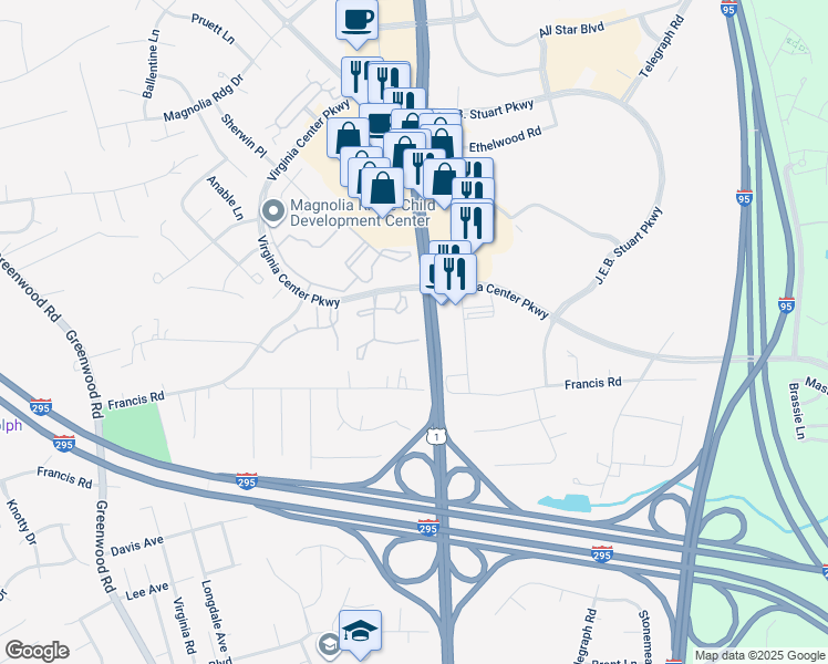 map of restaurants, bars, coffee shops, grocery stores, and more near 9500 Virginia Centerway Drive in Glen Allen