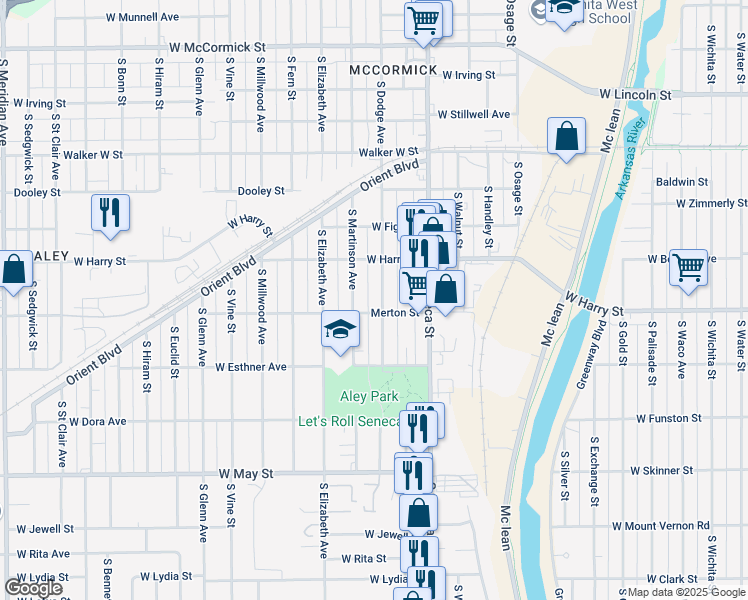 map of restaurants, bars, coffee shops, grocery stores, and more near 1632 South Dodge Avenue in Wichita