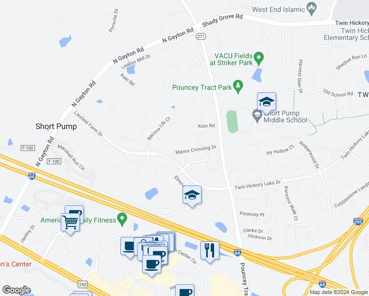 map of restaurants, bars, coffee shops, grocery stores, and more near 12240 Manor Crossing Drive in Glen Allen