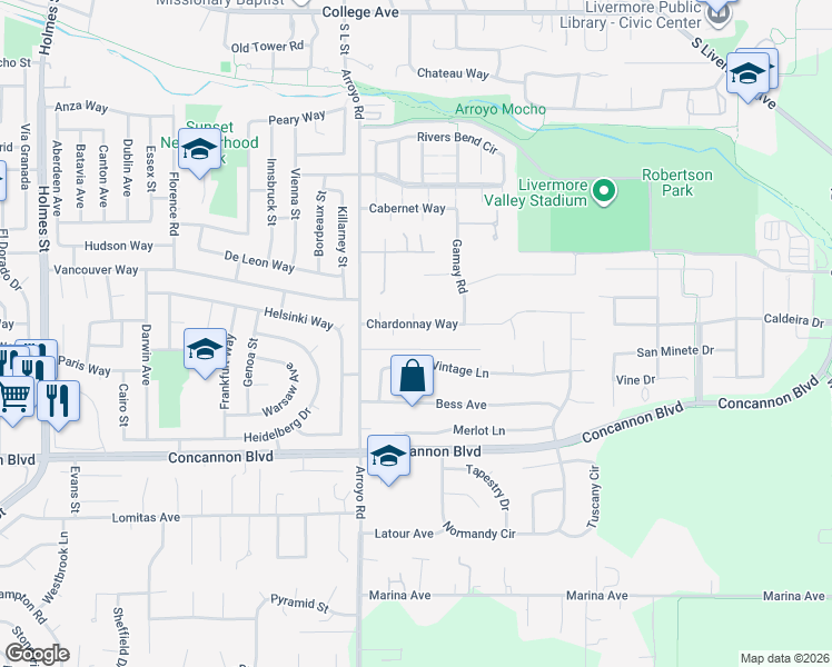 map of restaurants, bars, coffee shops, grocery stores, and more near 2215 Chardonnay Way in Livermore