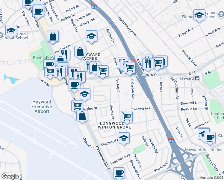 map of restaurants, bars, coffee shops, grocery stores, and more near 21856 Thelma Street in Hayward