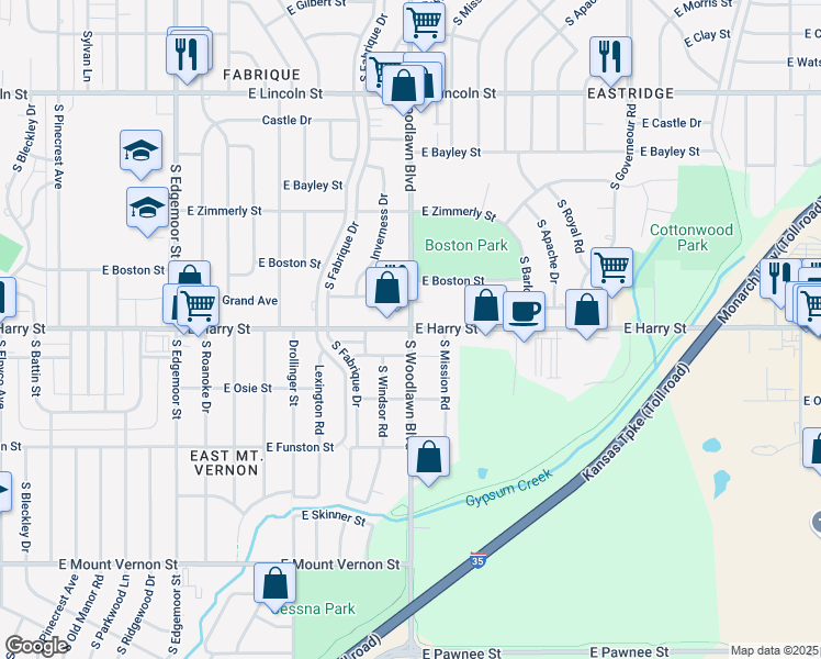 map of restaurants, bars, coffee shops, grocery stores, and more near East Harry Street & Woodlawn Street in Wichita