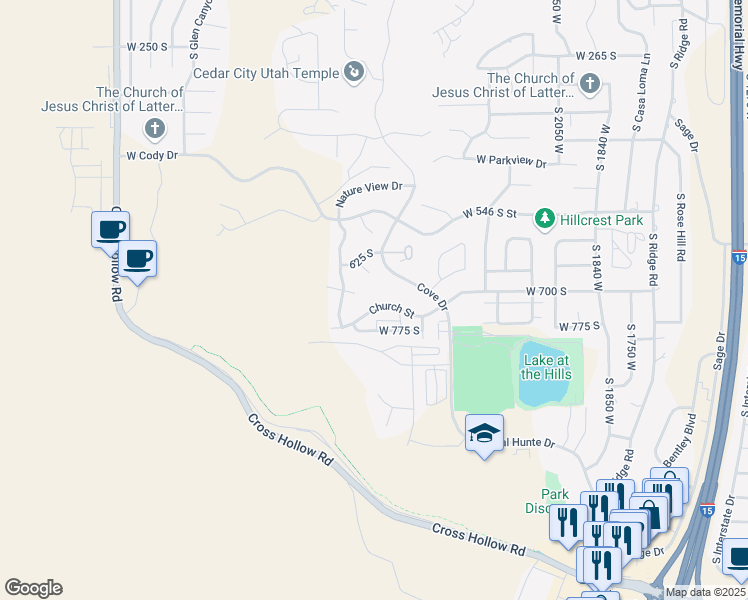 map of restaurants, bars, coffee shops, grocery stores, and more near 2418 Church Street in Cedar City