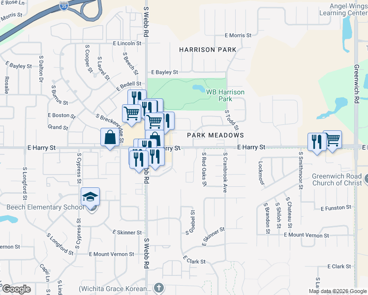 map of restaurants, bars, coffee shops, grocery stores, and more near South Goebel Street in Wichita